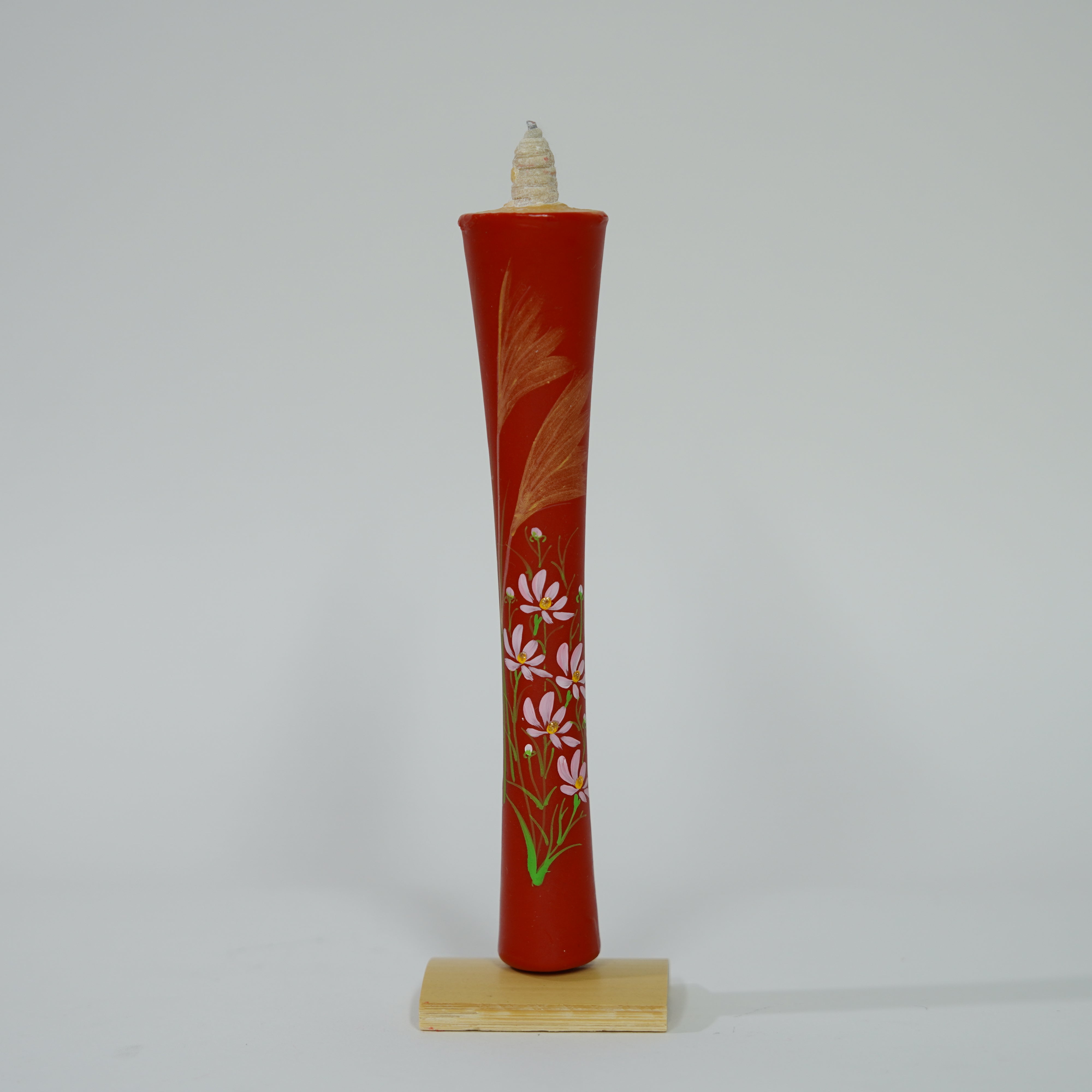 Large Hand-painted Candle (Red Susuki) with Bamboo Holder