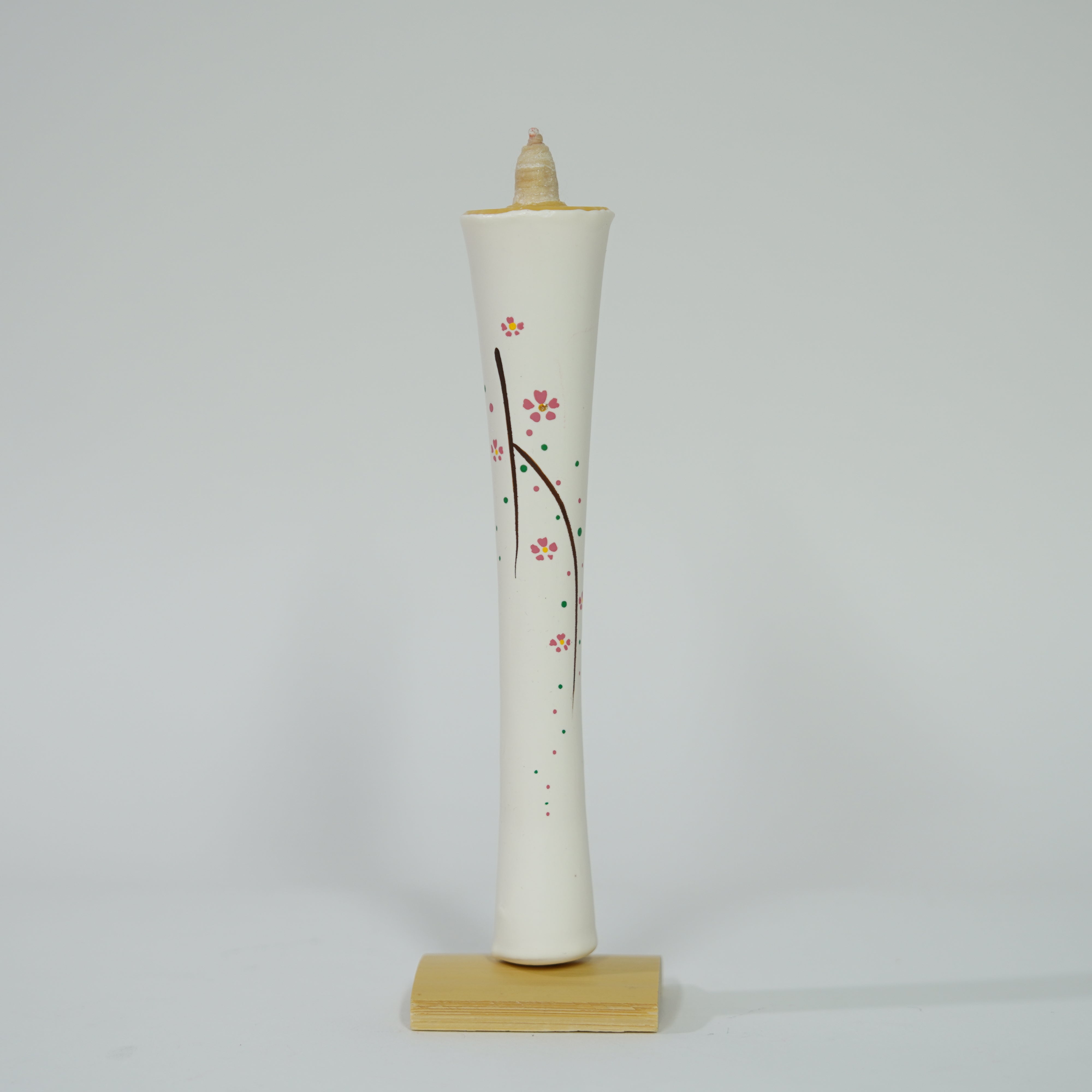 Large Hand-painted Candle (White Sakura) with Bamboo Holder