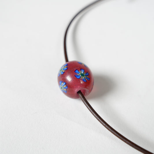Glass Beads Neckalce / Red and Blue Flower