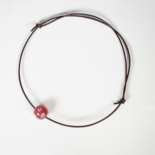 Glass Beads Neckalce / Red and White Flower