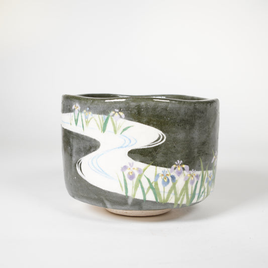 Raku Pottery / Tea Bowl / Irises
