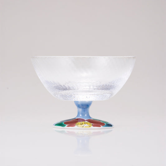 Kutani Japanese Postre Glass / Blue Camellia Sasanqua / Diagonal