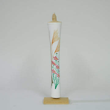 Hand painted candle with bamboo candle holder / 1 piece / Miscanthus sinensis / White