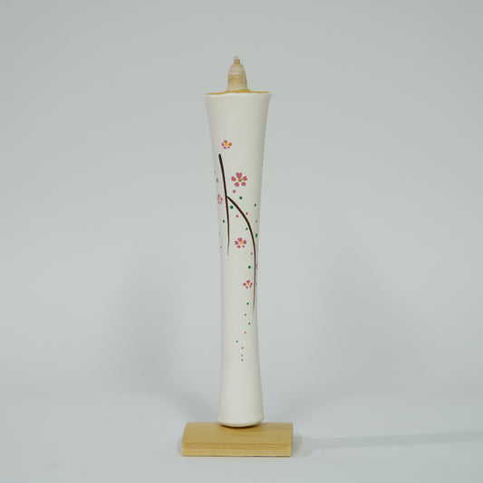 Hand painted candle with bamboo candle holder / 1 piece / Cherry blossom / White