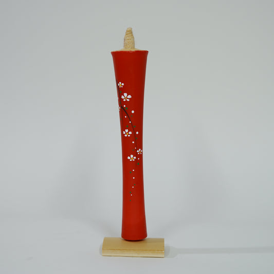 Hand painted candle with bamboo candle holder / 1 piece / Cherry blossom / Red